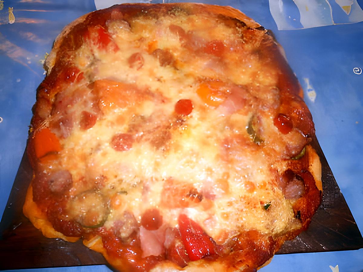 recette Pizza saucisse,jambon,courgette,poivrons