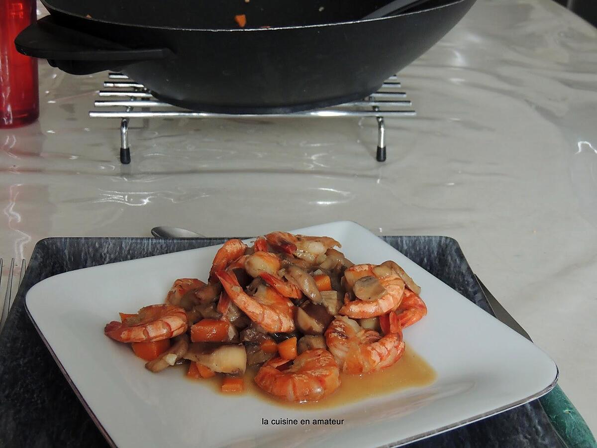 recette Mélange forestier aux crevettes flambées au Cognac