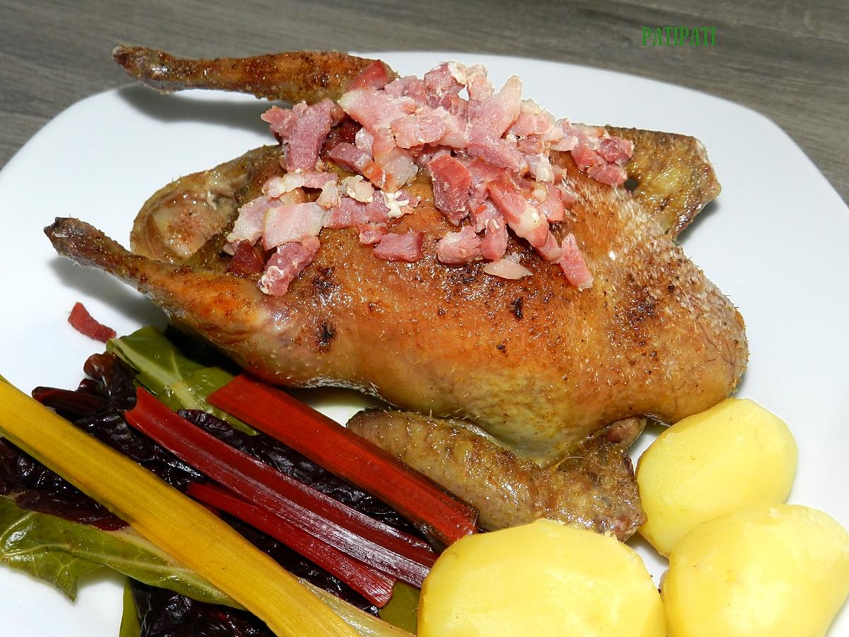 recette Moi le pigeon cuit aux lardons et servi avec un légume ancien, la blette