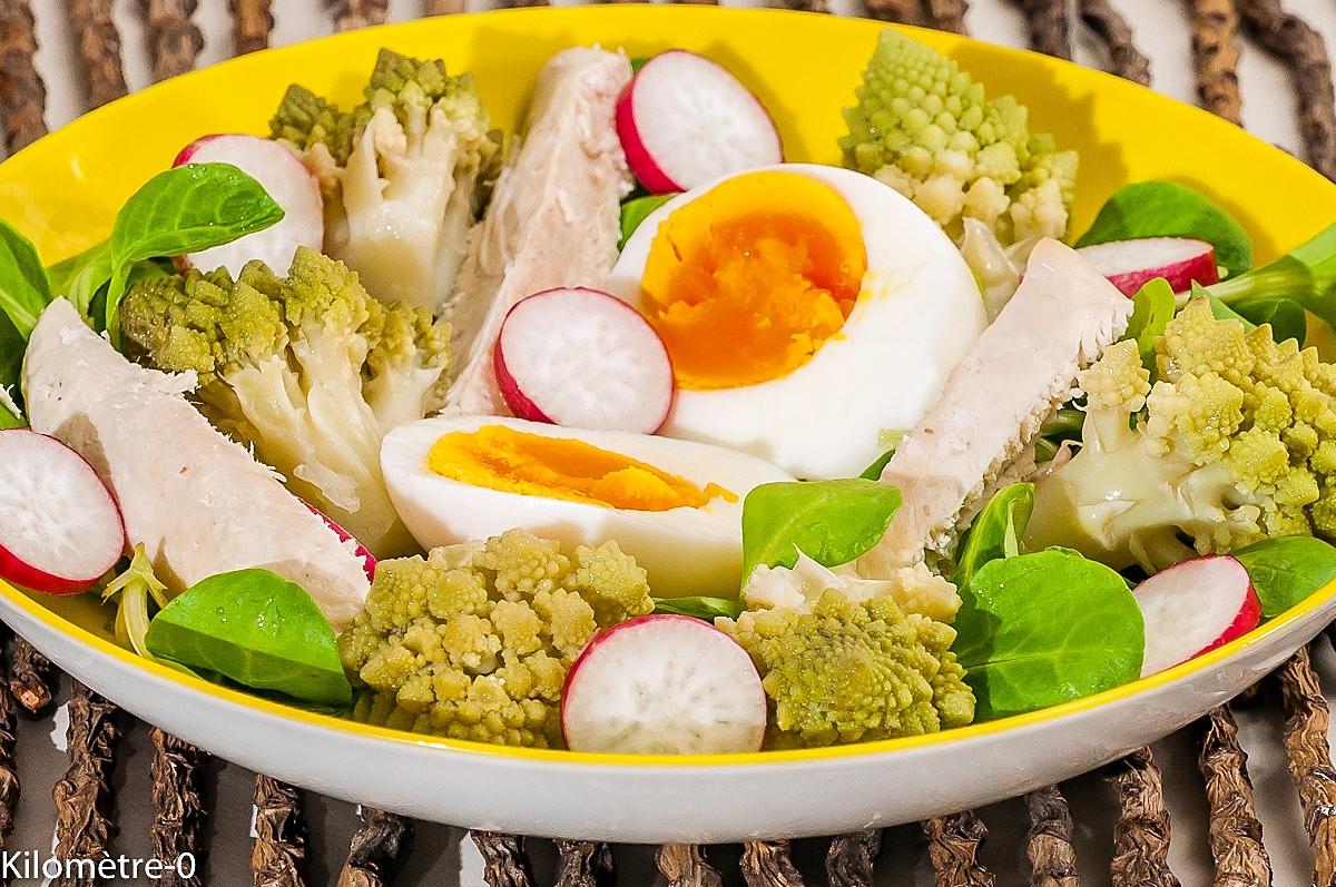 recette Salade de chou romanesco, poulet, oeuf et radis