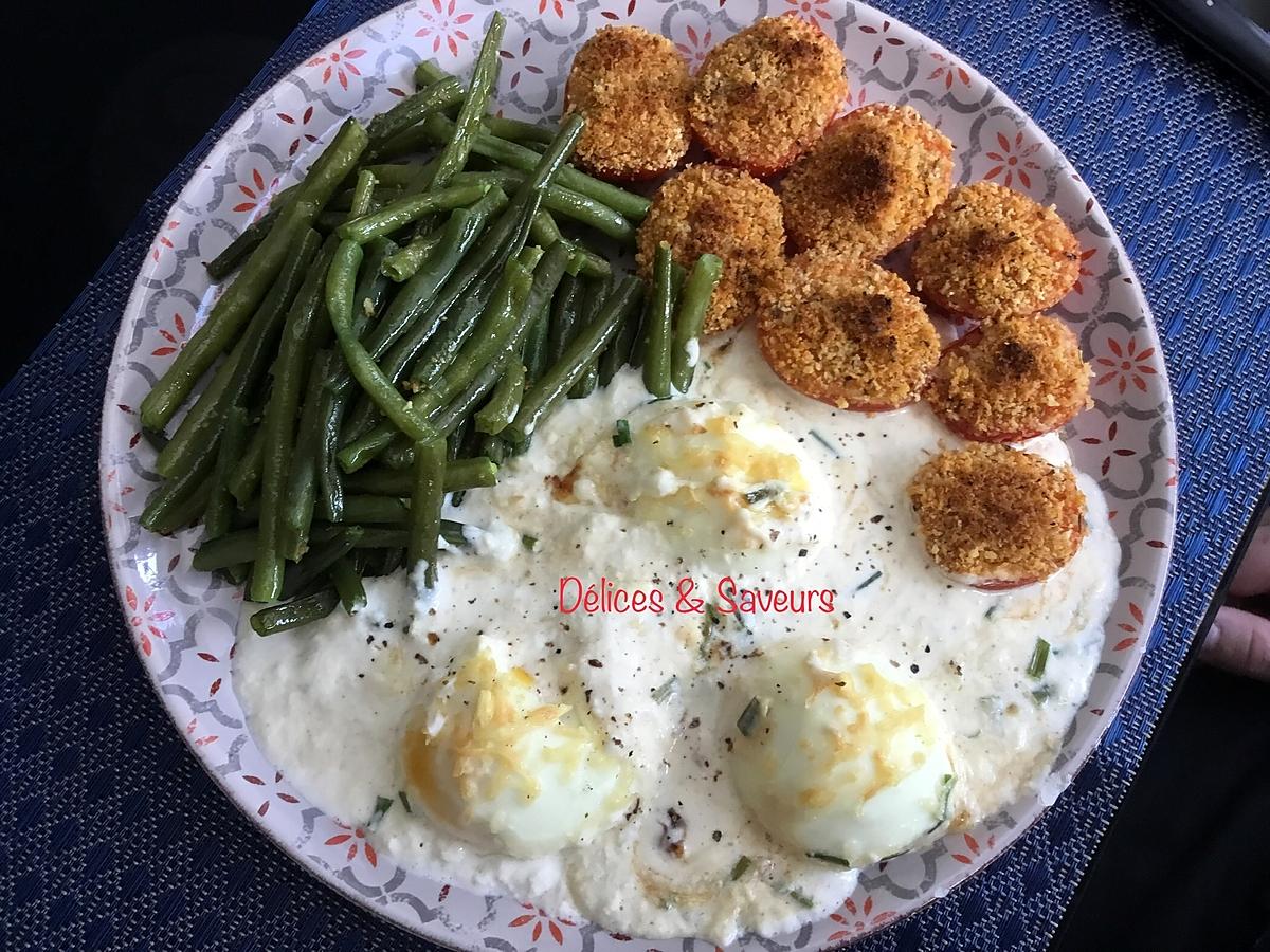 recette Œufs gratinés accompagnés de ses haricots verts au four et ses tomates à la provençale