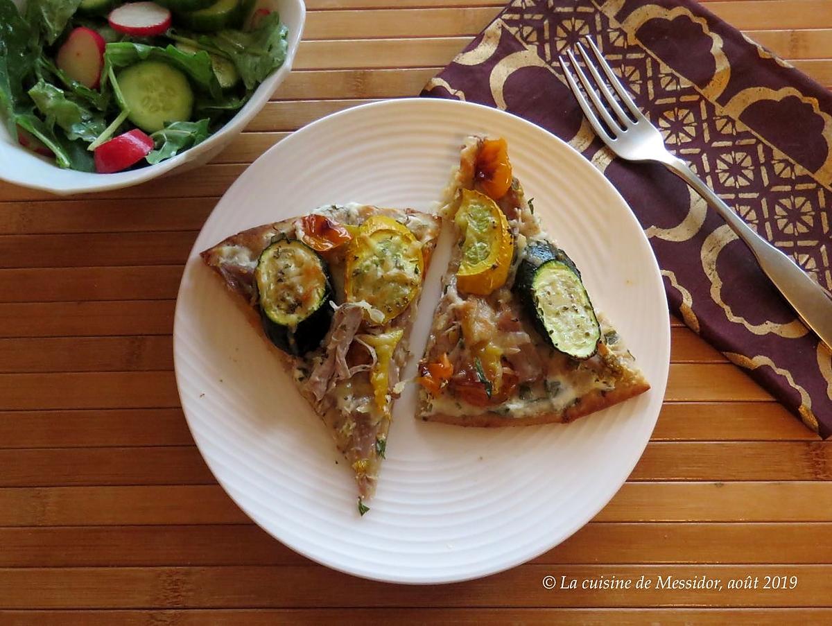 recette Pizza de canard confit aux légumes grillés +