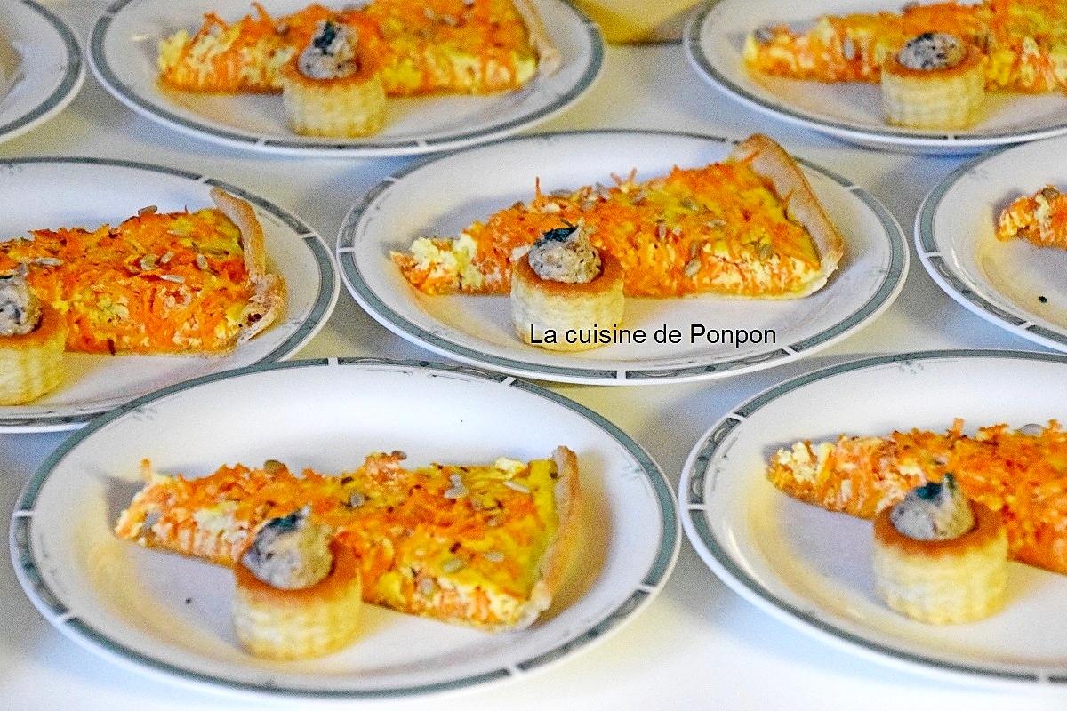 recette Tarte aux carottes râpées, gingembre, miel et graines de tournesol accompagnée de mini bouchées aux champignons des bois