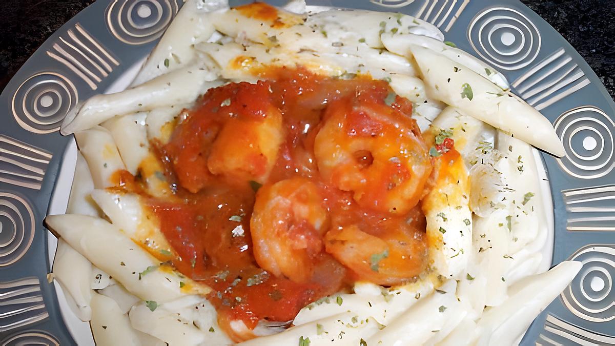 recette Pates a la sauce tomate de crevettes.