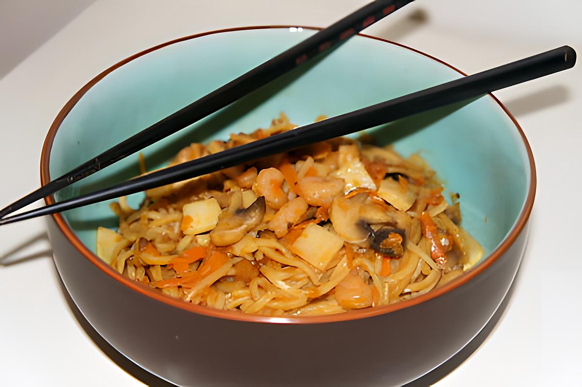 recette Nouilles chinoises sautées aux champignons et crevettes