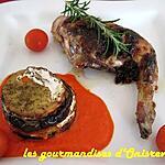 Cuisses de lapin à la tapenade et millefeuilles provençaux et son émulsion de poivron rouge