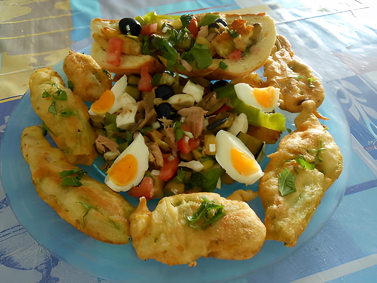 Pain de salade multicolore et beignets de fleurs de courgettes 430