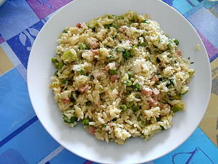 Risotto petits pois, fèves et jambon cuit 430