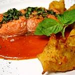 recette Saumon, coulis de tomates rôties et pommes dauphines à la patate douce et au romarin