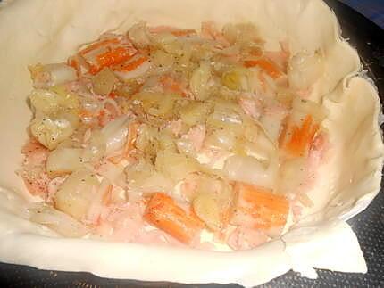 Quiche poireau saumon surimi et gorgonzola 430