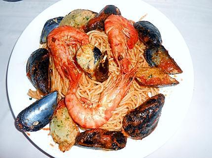 Spaghetti Duo moules farcies et gambas  430