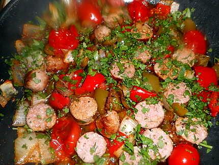 fricasser de saucissse de toulouse aux poivrons 430