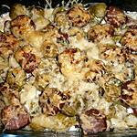 recette Gratin de pommes de terre, choux de Bruxelles et saucisses de Montbéliard