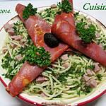 recette Spaghettis au chorizo et dés de jambon.