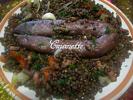 Recette de Saucisse figatellu aux lentilles.
