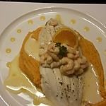 recette Filet de carrelet aux crevettes, patate douce et sauce aux agrumes