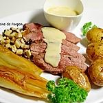 recette Magret de canard garni de sauce au foie gras, pommes de terre, chicons et champignons