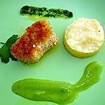 recette LOTTE EN CHAPELURE,PUREE, SAUCE VERTE ET HUILE AUX HERBES