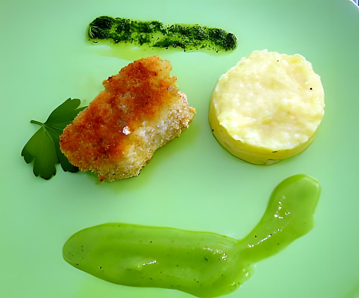 recette LOTTE EN CHAPELURE,PUREE, SAUCE VERTE ET HUILE AUX HERBES