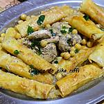 recette MGHALLEF FI GHLEFOU- PETITS BOUREKS FARCIS FRITS EN SAUCE BLANCHE A L'AGNEAU