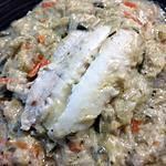 recette dos de cabillaud au boursin ail et fines herbes sur lit de légumes au cookéo