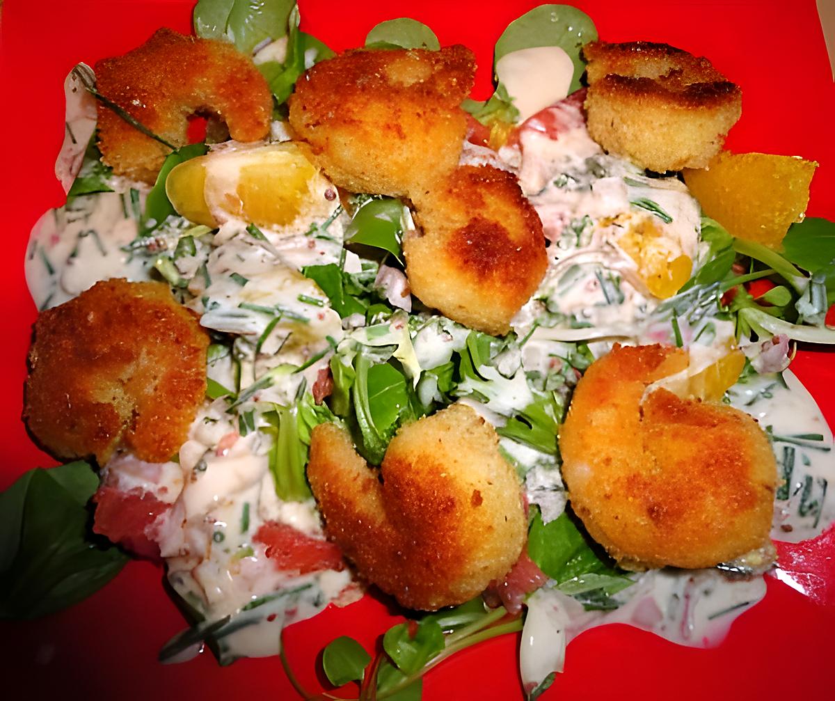 recette SALADE DE BEIGNETS DE GAMBAS AU PAMPLEMOUSSE OU GAMBAS FRITS