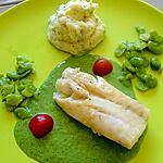 recette CABILLAUD FEVES PUREE AUX HERBES ET SON JUS D'HERBES PERSIL CIBOULETTE ET MACHE