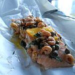 recette Papillote de saumon à l'orange et aux crevettes grises