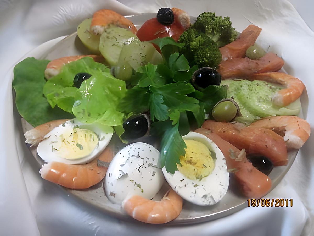 recette Assiette de crudités au saumon et crevettes.