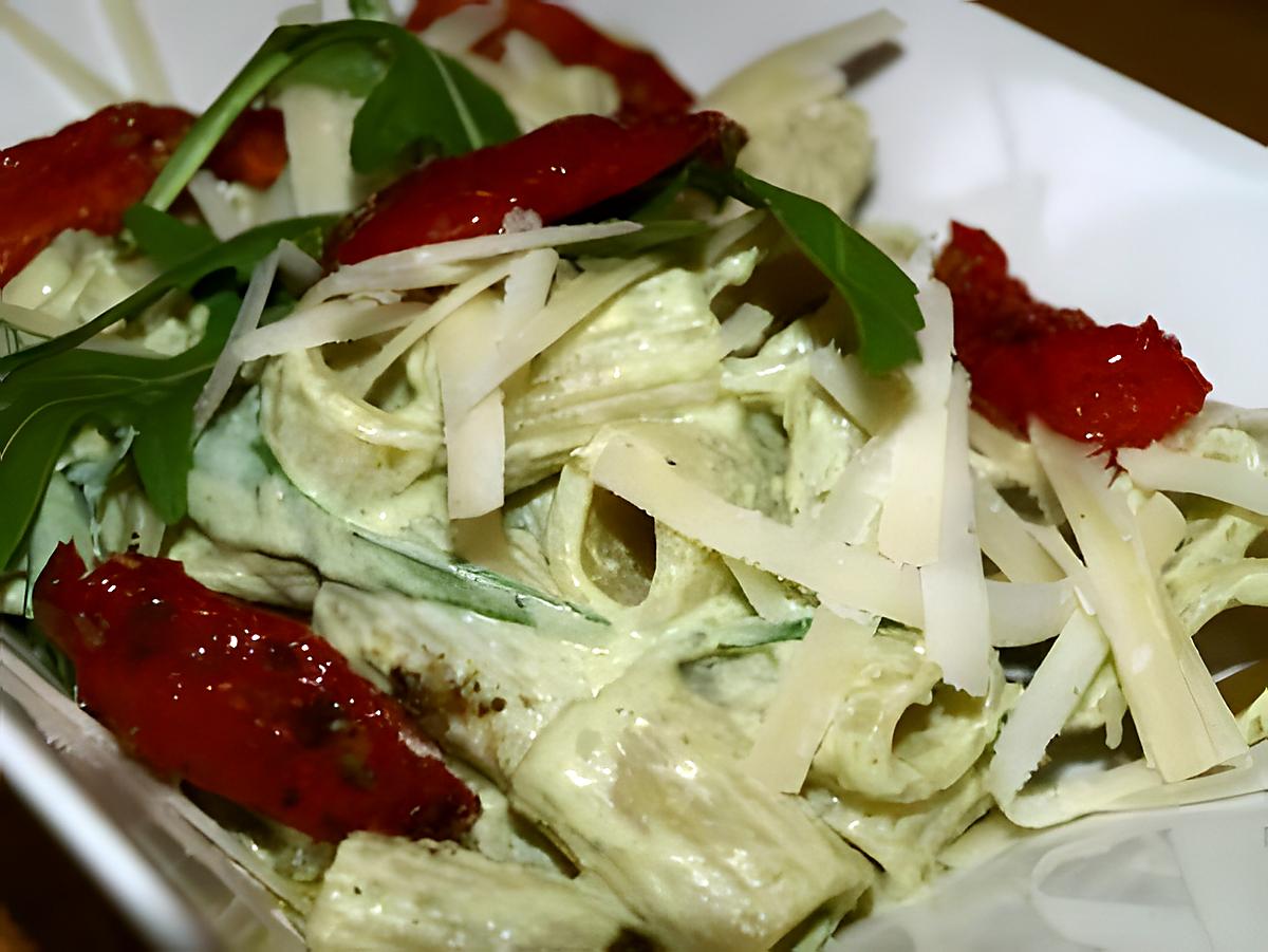 recette Rigatoni aux Tomates Confites, Roquette, Ricotta et Pesto Vert