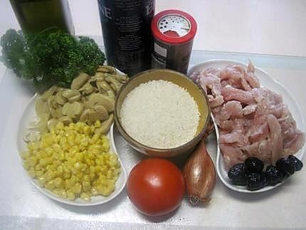 recette Emincé de filet de poulet au riz et légumes.
