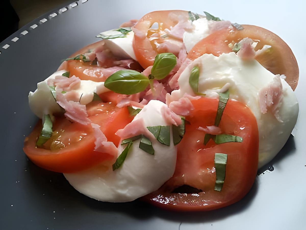 recette Salade de tomates à l'italienne (mozarella basilic et jambon)