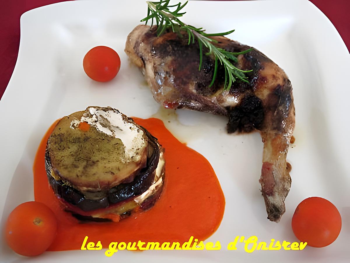 recette Cuisses de lapin à la tapenade et millefeuilles provençaux et son émulsion de poivron rouge