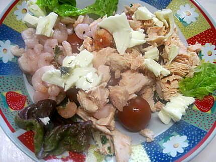 recette Plat garni, au saumon, crevettes, olives, fromage, basilic, mayonnaise.