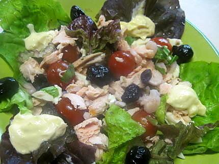 recette Plat garni, au saumon, crevettes, olives, fromage, basilic, mayonnaise.