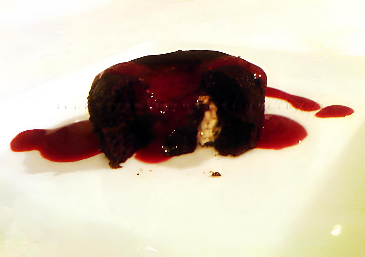 recette Moelleux au chocolat, coeur choco-nougat et son coulis de framboises