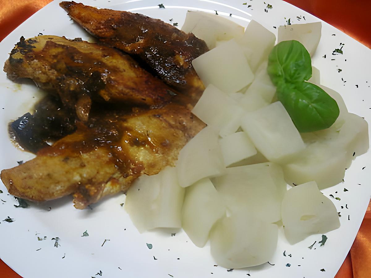 recette Aiguillettes de poulet au radis noir.