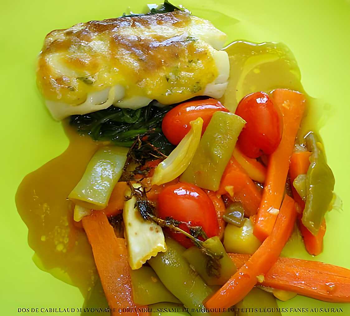 DOS DE CABILLAUD MAYONNAISE CORIANDRE, SÉSAME ET BARIGOULE DE PETITS LÉGUMES AU SAFRAN