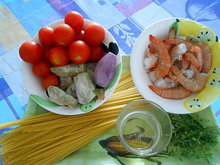 recette MES  SPAGHETTI   ARTICHAUTS ET  CREVETTES