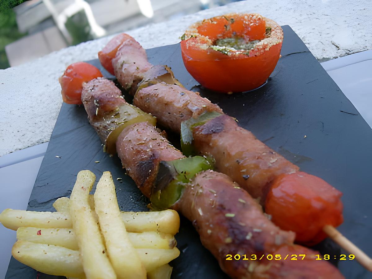 recette brochettes de chipolatas et petits légumes