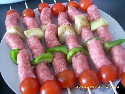 recette brochettes de chipolatas et petits légumes