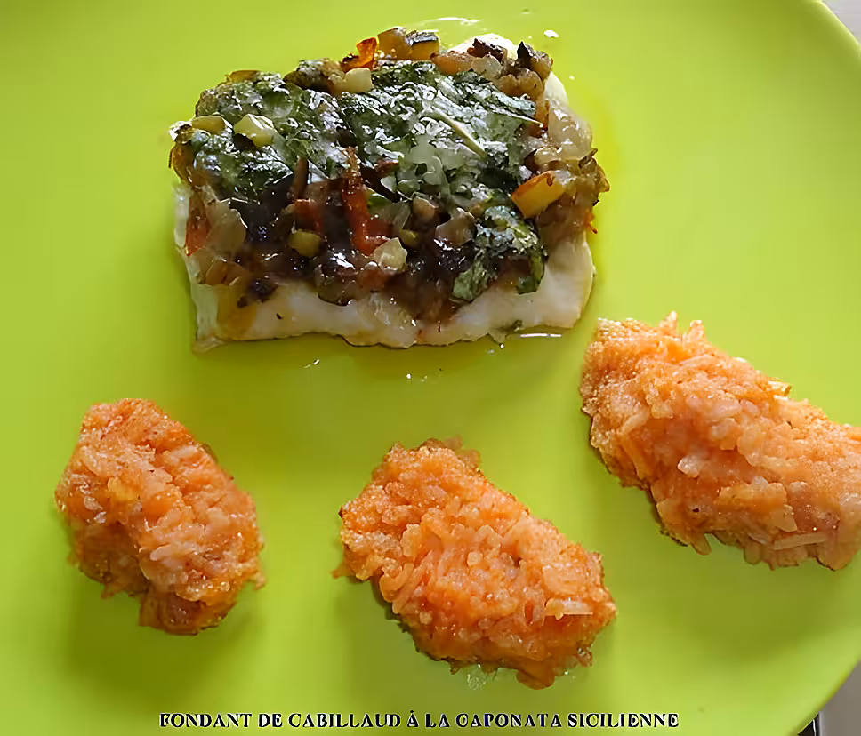 recette FONDANT DE CABILLAUD À LA CAPONATA SICILIENNE