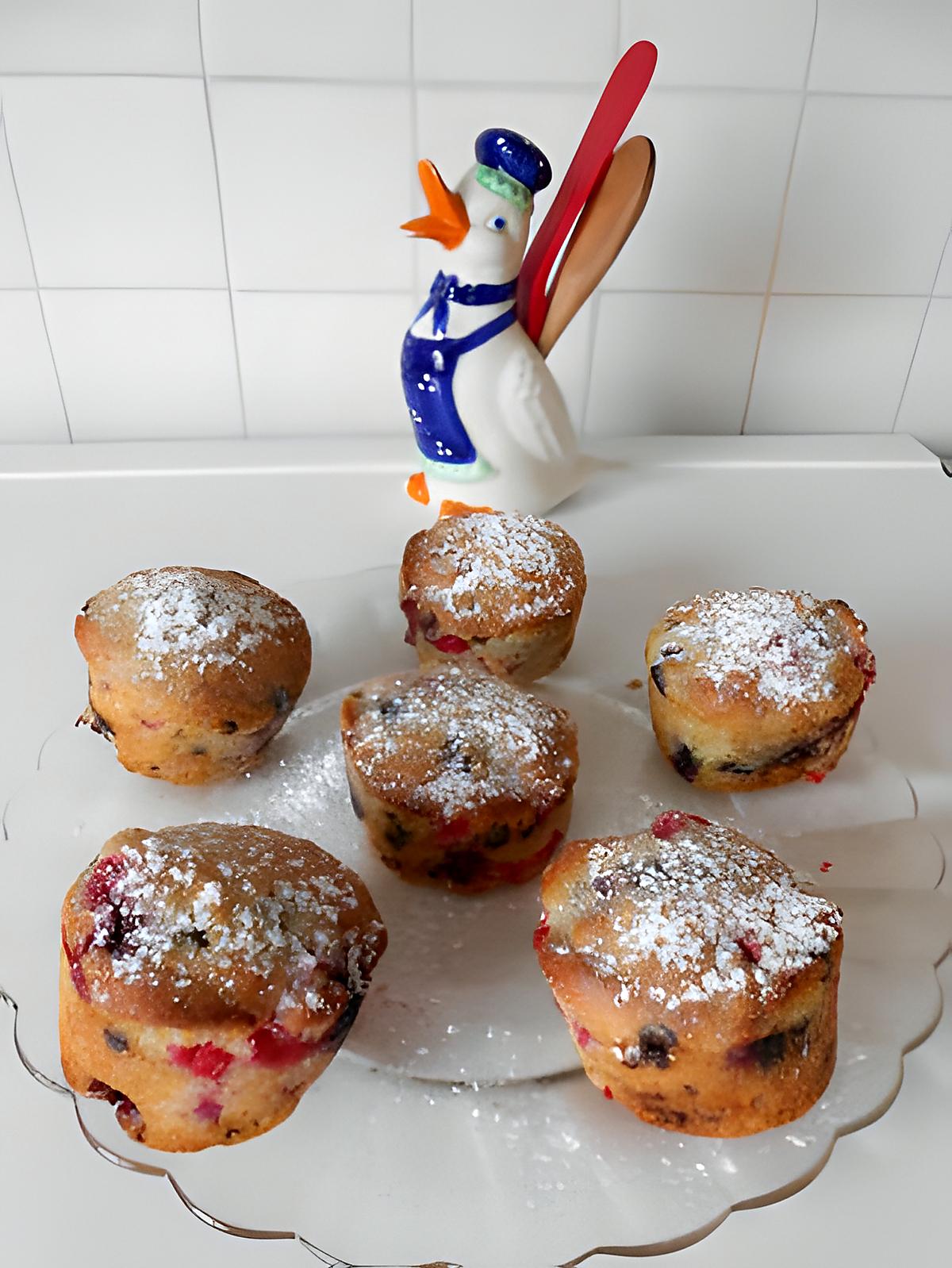 recette Muffins aux fruits rouges et pépites de chocolat.