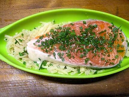 recette Papillotes de saumon, pommes de terre, crème et ciboulette.au micro-ondes.