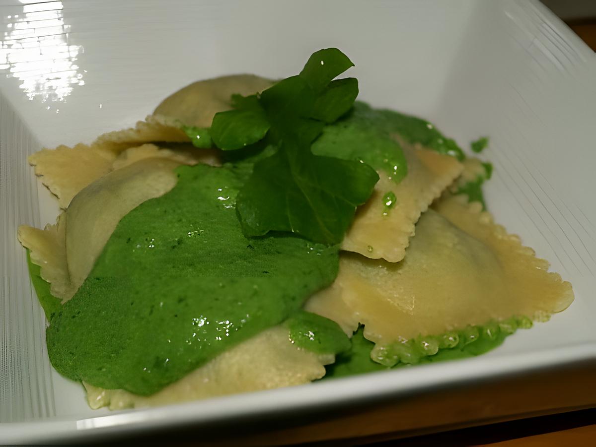 recette Raviolis Épinards-Fromages Fondus, Émulsion de Roquette