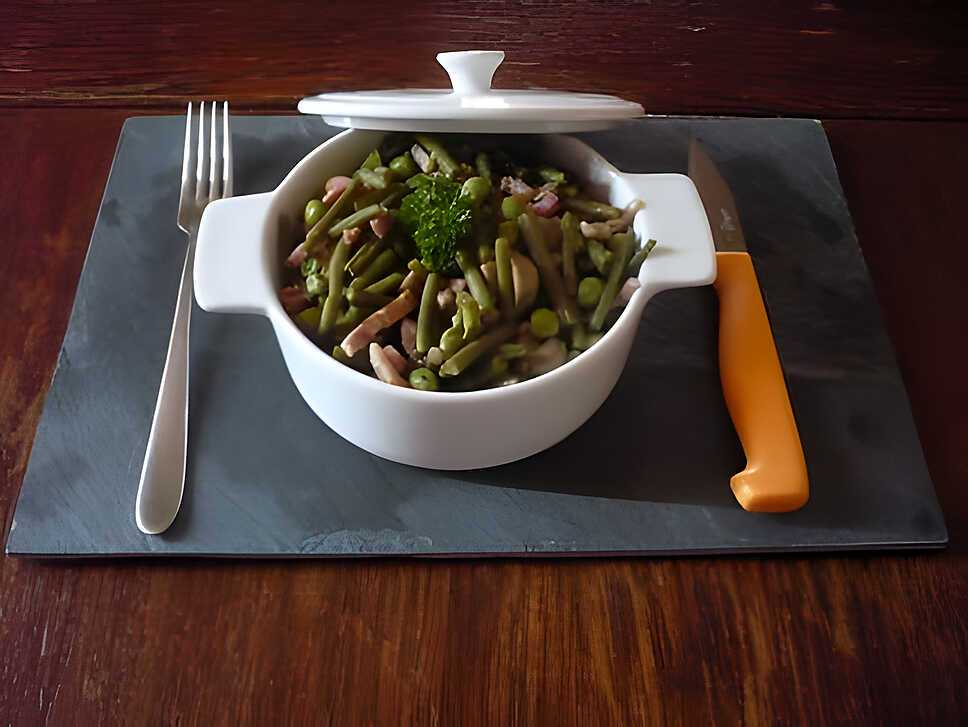 recette pôelée Haricots VS/petits pois/lardons