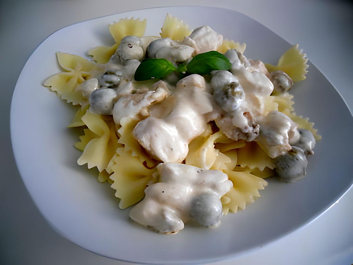 recette Farfalles sauce carbonara de poulet et olives