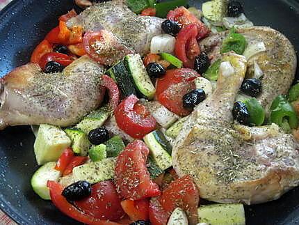 recette Cuisses de poulet aux légumes de saison.