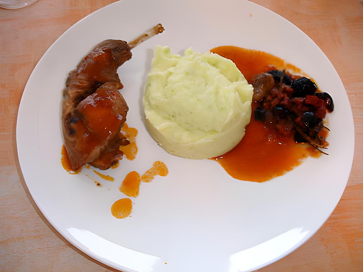 recette lapin aux olives/ chorizo et sa purée pomme de terre/ fèves