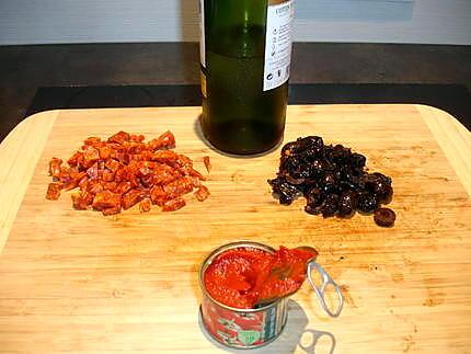 recette lapin aux olives/ chorizo et sa purée pomme de terre/ fèves